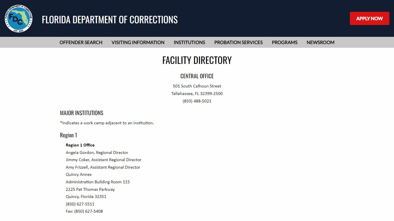 Facility Directory -- Florida Department of Corrections