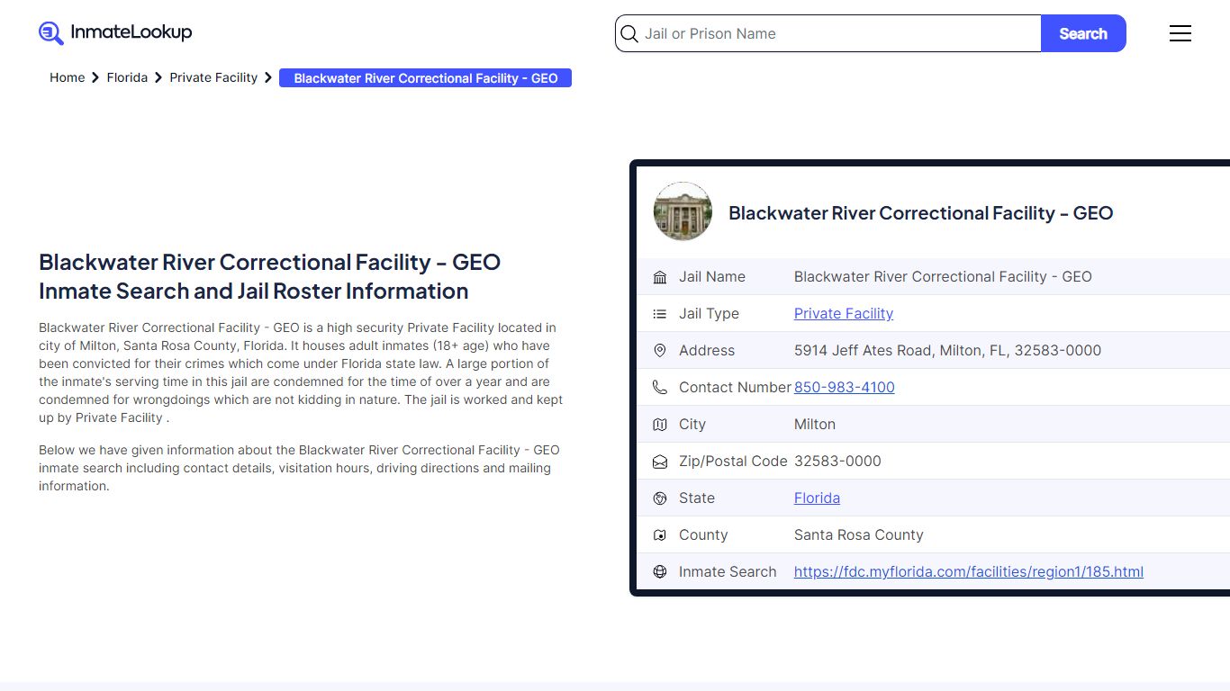 Blackwater River Correctional Facility - GEO Inmate Search, Jail Roster ...